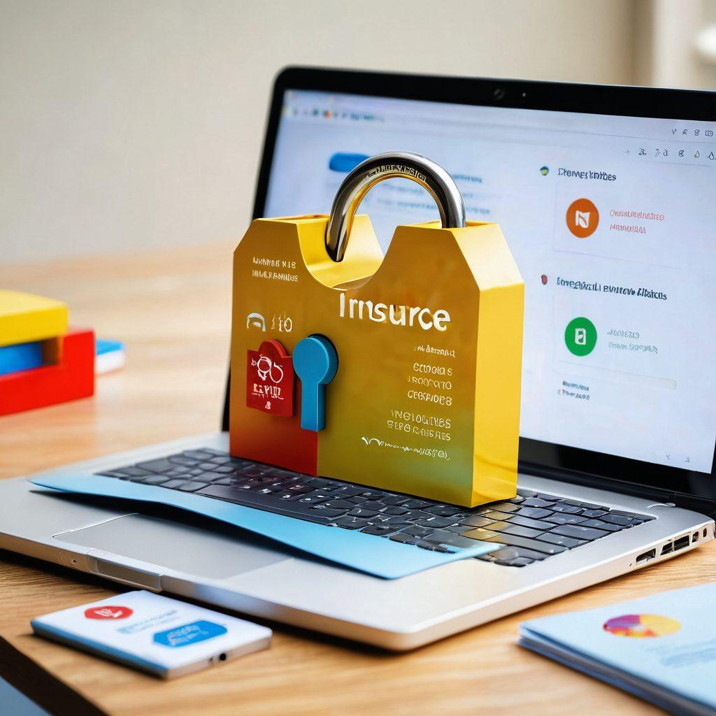 A visually engaging open padlock symbolizing 'unlocking' surrounded by colorful insurance icons like a house, car, health, and travel insurance. In the background, a transparent chart with fluctuating quotes and a friendly person analyzing options on a laptop, portraying accessibility and understanding. Bright and inviting colors to draw the viewer in. super-realistic. vibrant colors.