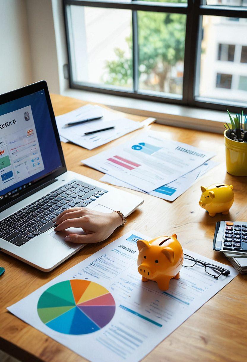 A visually engaging scene of a person comparing various insurance quotes on a laptop, with colorful insurance brochures scattered around. Include a large magnifying glass overlaying the screen to emphasize detailed comparison. Background elements include a calculator and a piggy bank to symbolize savings. The atmosphere is bright and optimistic, suggesting financial security and empowerment. super-realistic. vibrant colors. office setting.
