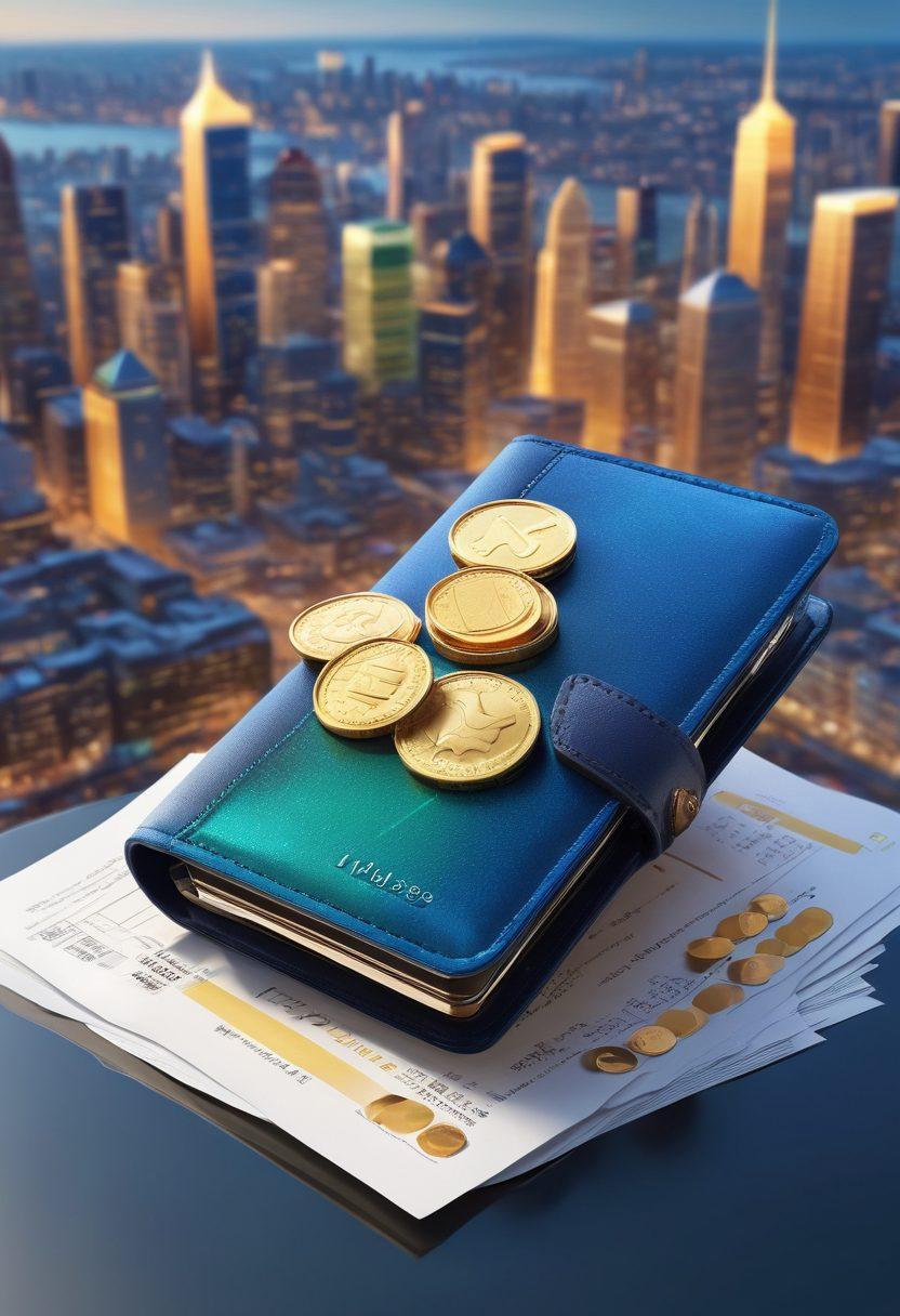 A sleek digital wallet overflowing with golden coins and insurance documents, surrounded by a glowing key symbolizing access to premium benefits. The background features a bright, modern city skyline to represent online solutions. Incorporate vibrant colors to evoke optimism and security. super-realistic. vibrant colors. 3D.